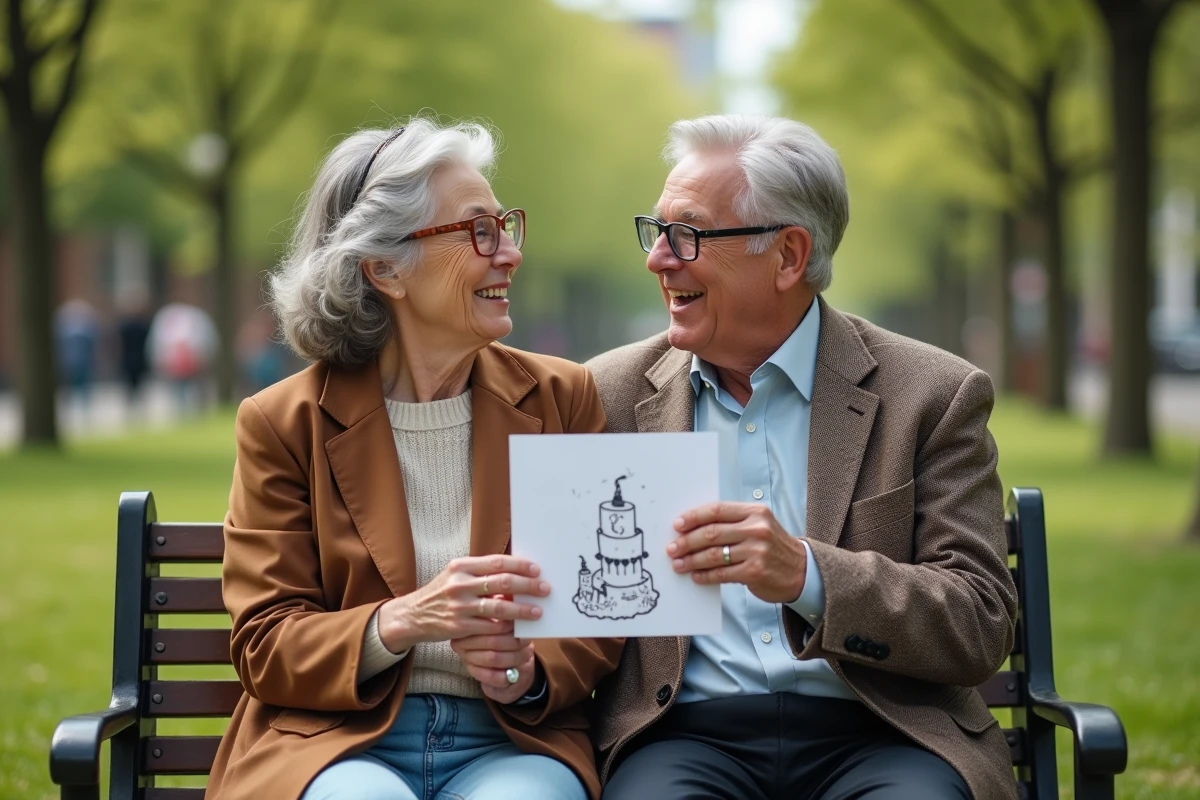 Vieux couple échangeant carte anniversaire dans le parc