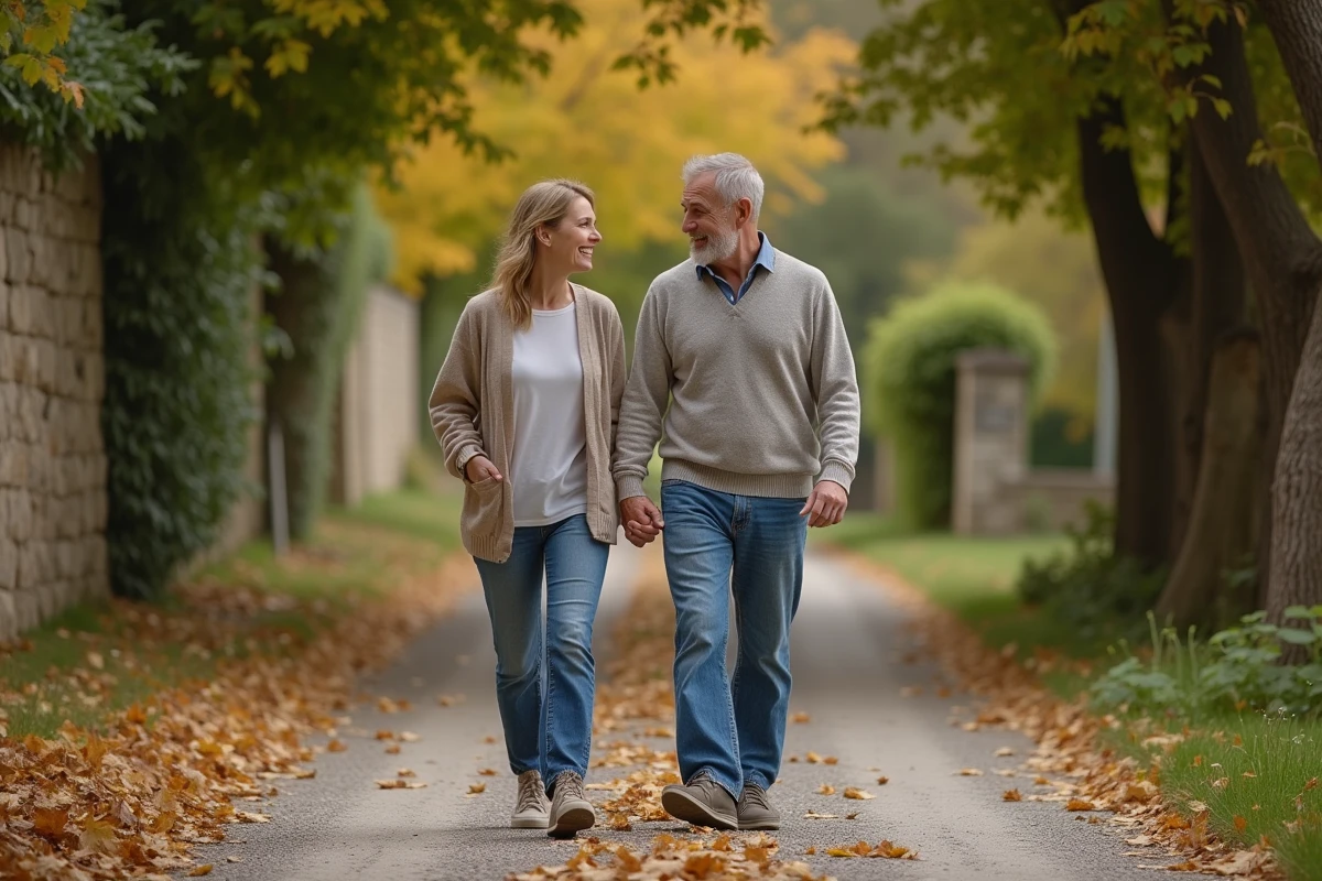 Couple se promenant sur un chemin de village en automne, vie paisible loin des plateaux de télévision