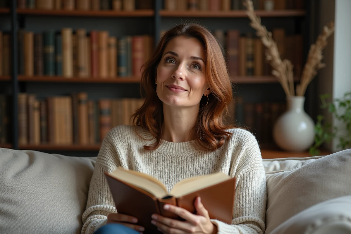 Femme lisant un livre sur un canapé dans un salon chaleureux, moment de détente et vie privée loin des médias