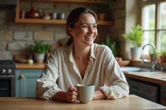 Sophie Jovillard dans une cuisine rustique tenant un mug de café, ambiance intimiste du quotidien à la maison