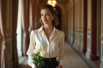 Soprano élégante dans les coulisses d'un opéra tenant un bouquet de roses blanches avec un sourire discret