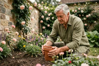 Stéphane Marie dans son jardin secret, s'occupant de ses plantes avec passion et sérénité