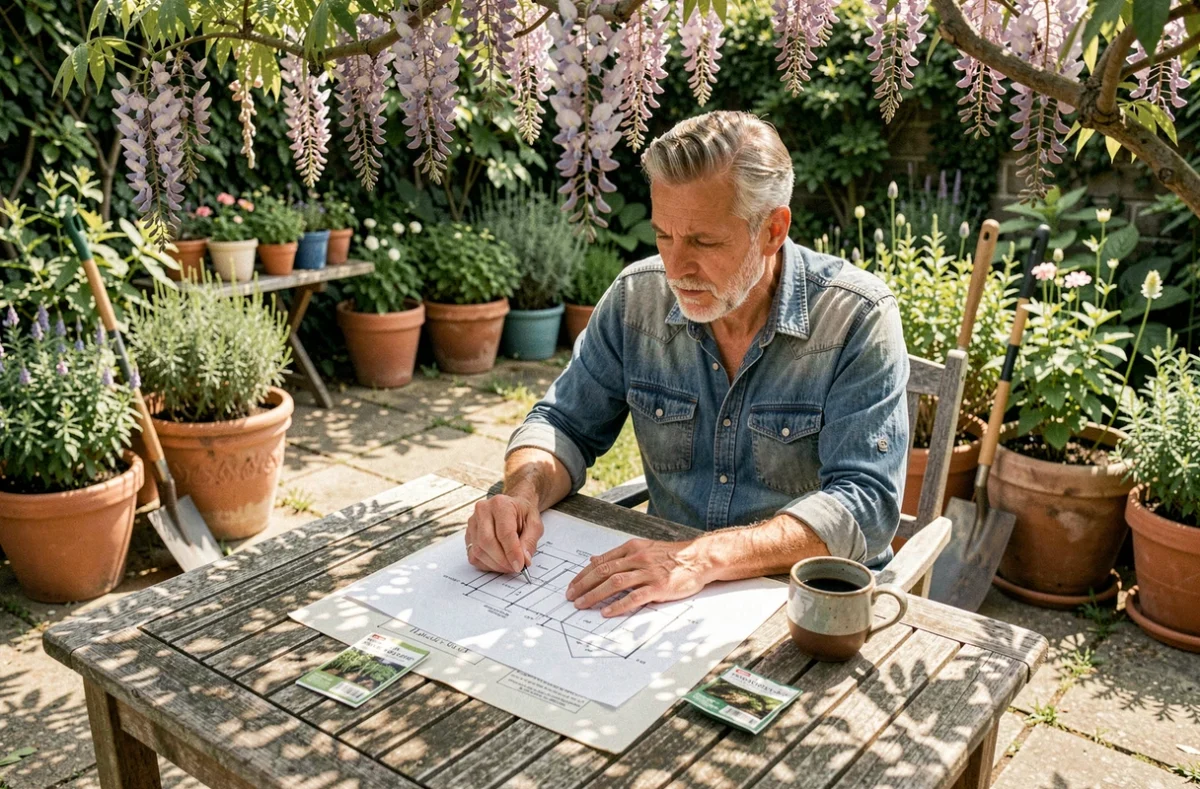 Stéphane Marie consultant ses plans de jardin en terrasse, entre passion et expertise horticole