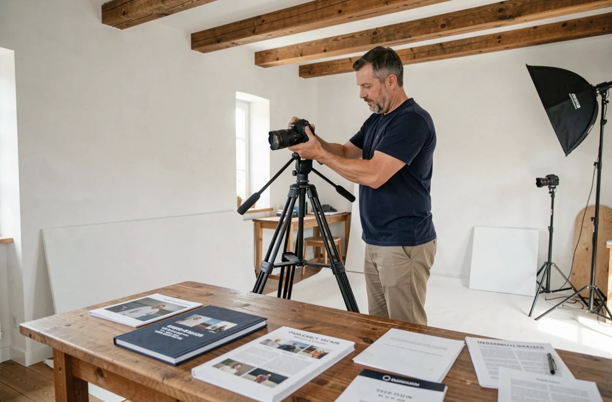 Photographe masculin présentant ses tarifs et portfolio dans un studio photo à Château-Gontier