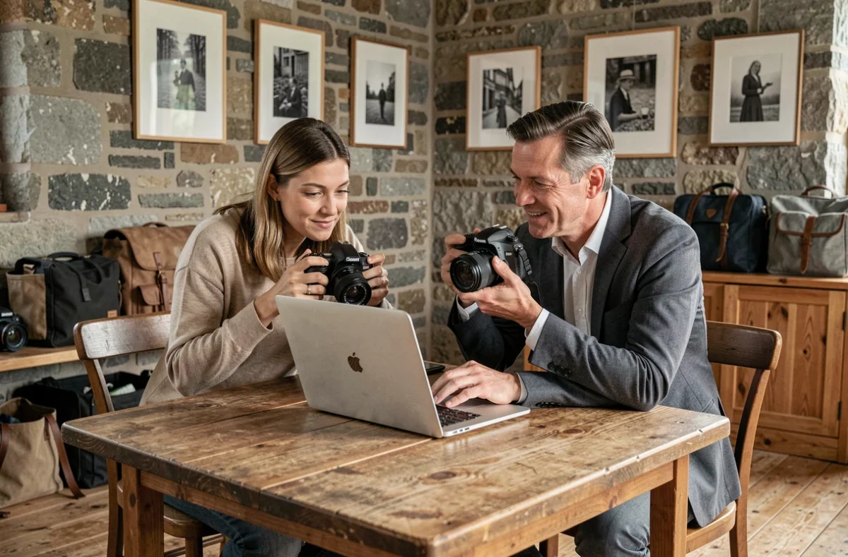 Deux photographes professionnels révisant des images sur ordinateur dans un studio de photographie à Colmar