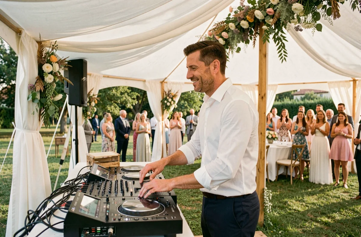 DJ Sud Ouest Animation en performance sous une tente de mariage décorée dans le Sud-Ouest de la France