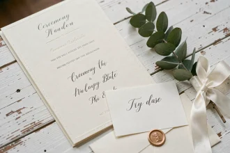 Suite de papeterie de mariage My Dear Paper avec programme de cérémonie, carte de place et enveloppe cachetée à la cire sur table en bois blanc