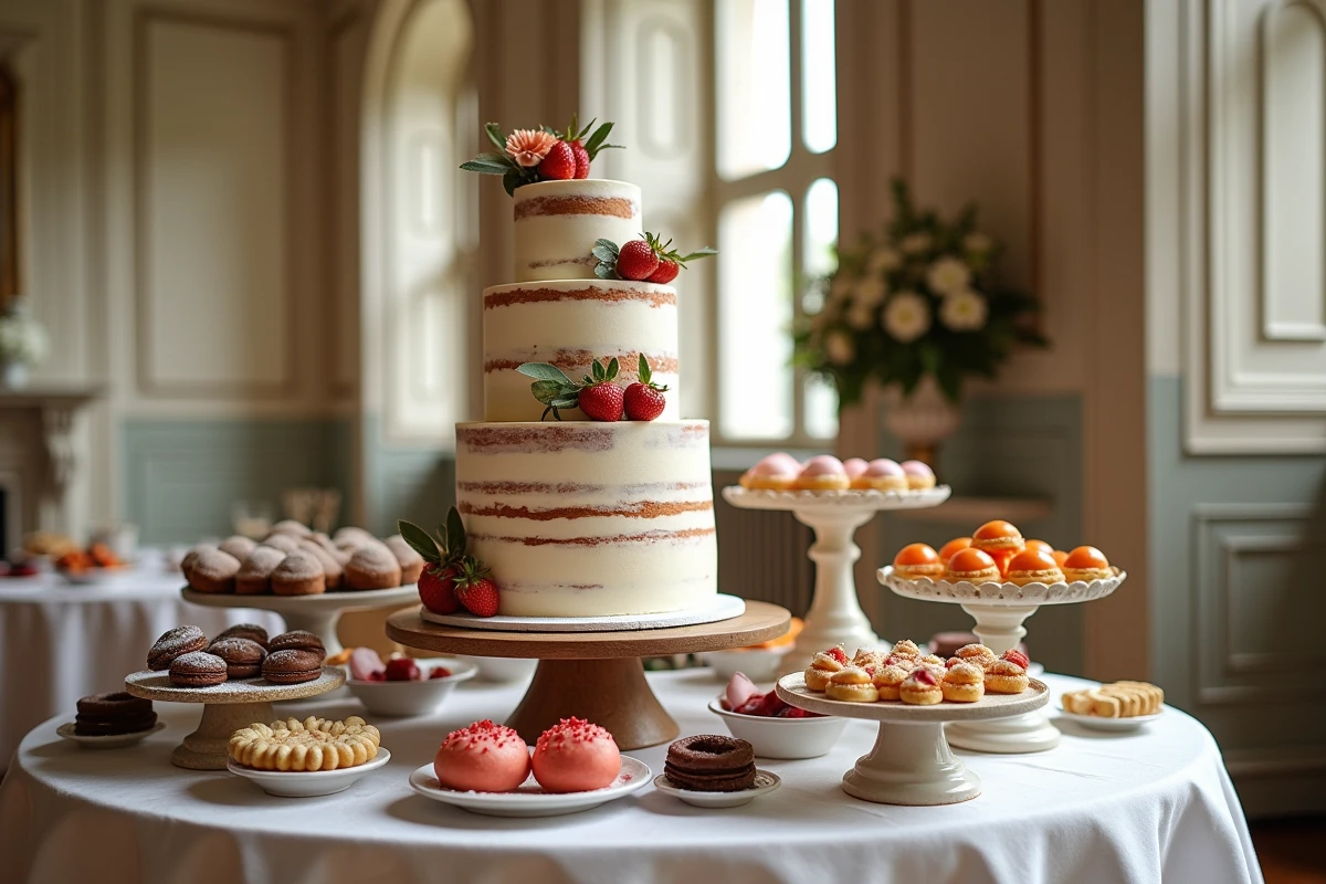 Table de desserts de mariage avec pièce montée naked cake et mignardises dans un château élégant