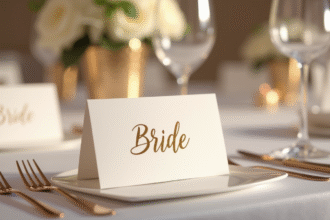 Table de mariage élégante avec cartes en or et centre floral