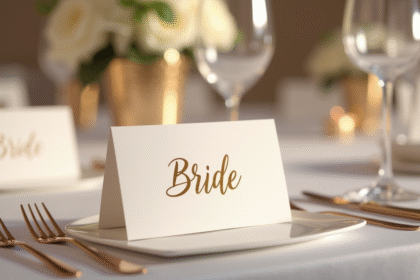 Table de mariage élégante avec cartes en or et centre floral