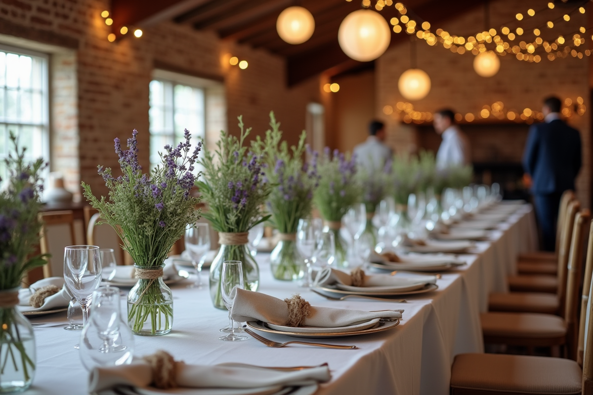 Table de mariage rustique avec vaisselle vintage et fleurs