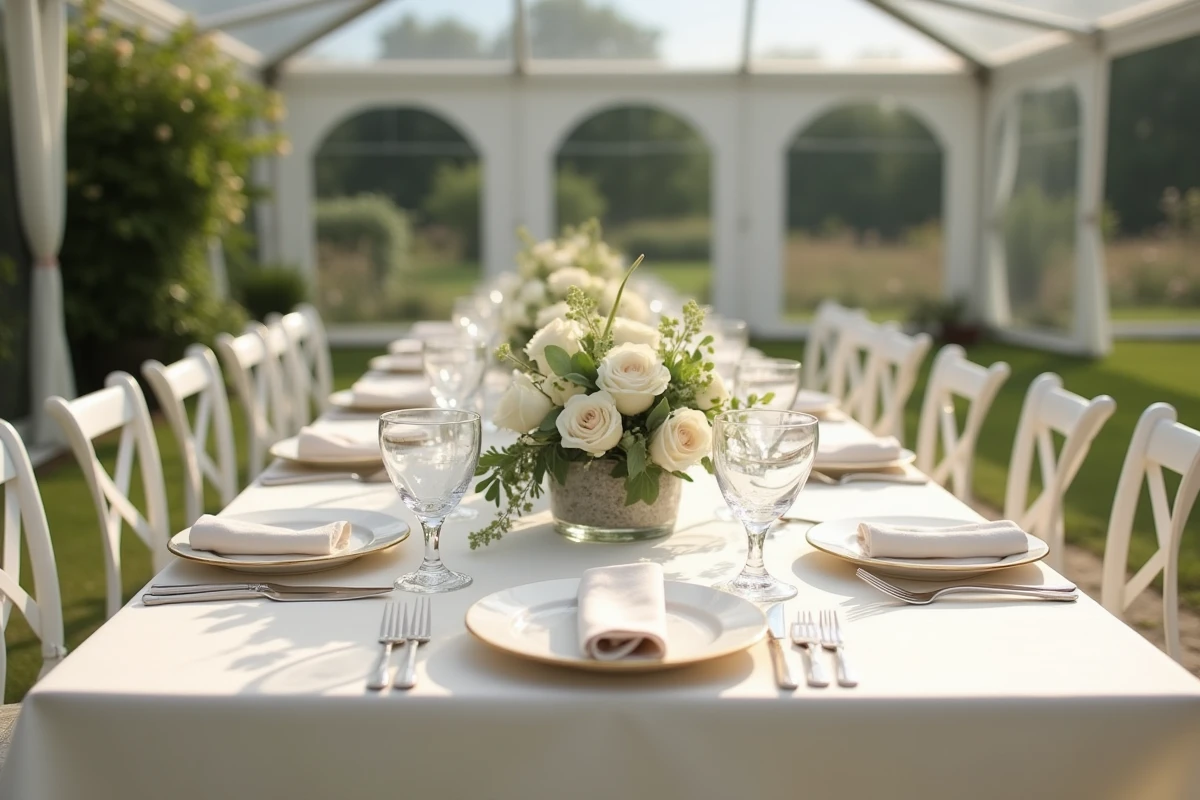 Table de réception mariage dressée avec vaisselle haut de gamme et décoration florale sous tente