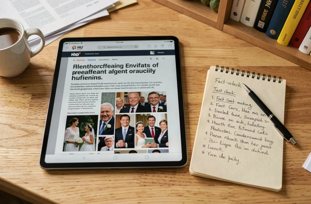 Vue aérienne d'une tablette affichant des photos retouchées de mariage de personnalité publique non identifiable, posée sur un bureau avec un carnet de notes de fact-checking