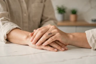 Tatouage alliance infini sur le doigt d'une femme, lignes nettes et bien conservées, entretien optimal