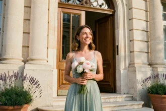 Femme en robe midi vert sauge pastel tenant un bouquet de pivoines roses devant une mairie française en pierre