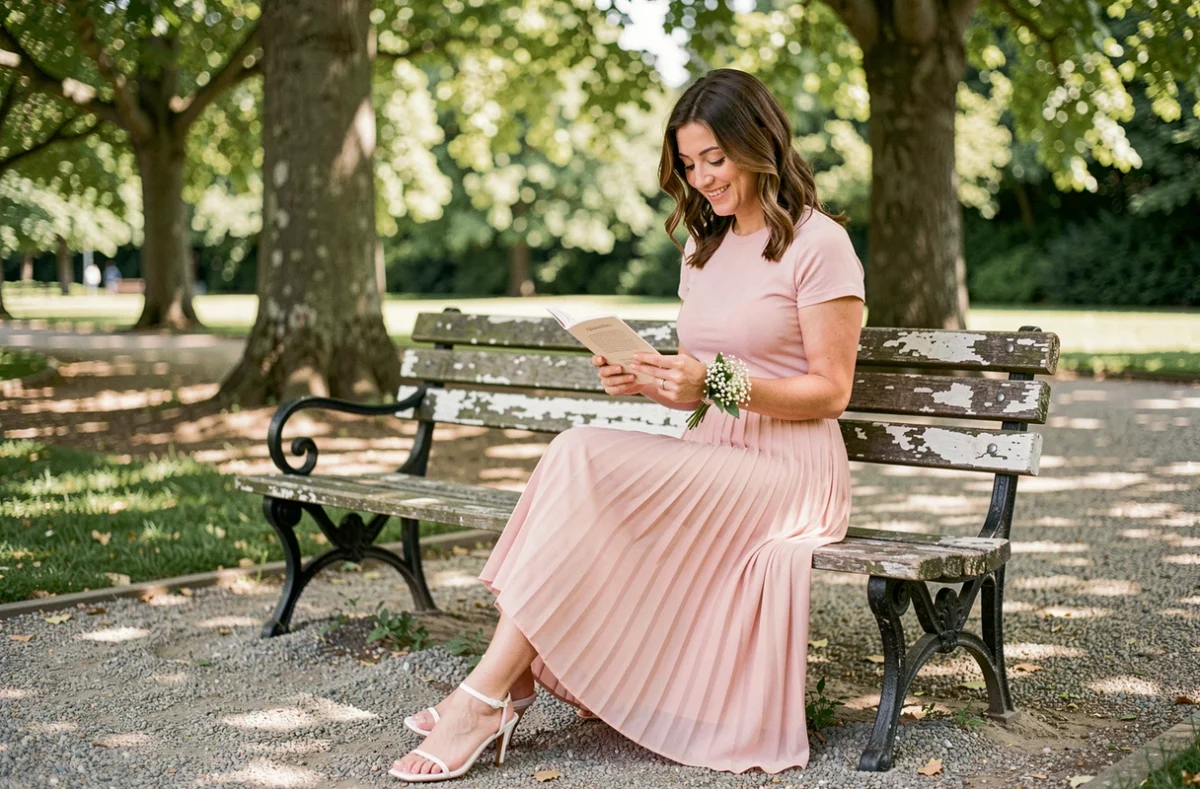 Femme en tenue pastel rose assise sur un banc en pierre dans un parc lors d'un mariage civil