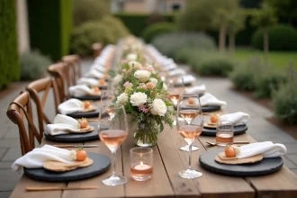 Table de vin d'honneur en extérieur pour un mariage avec verrines et canapés élégants