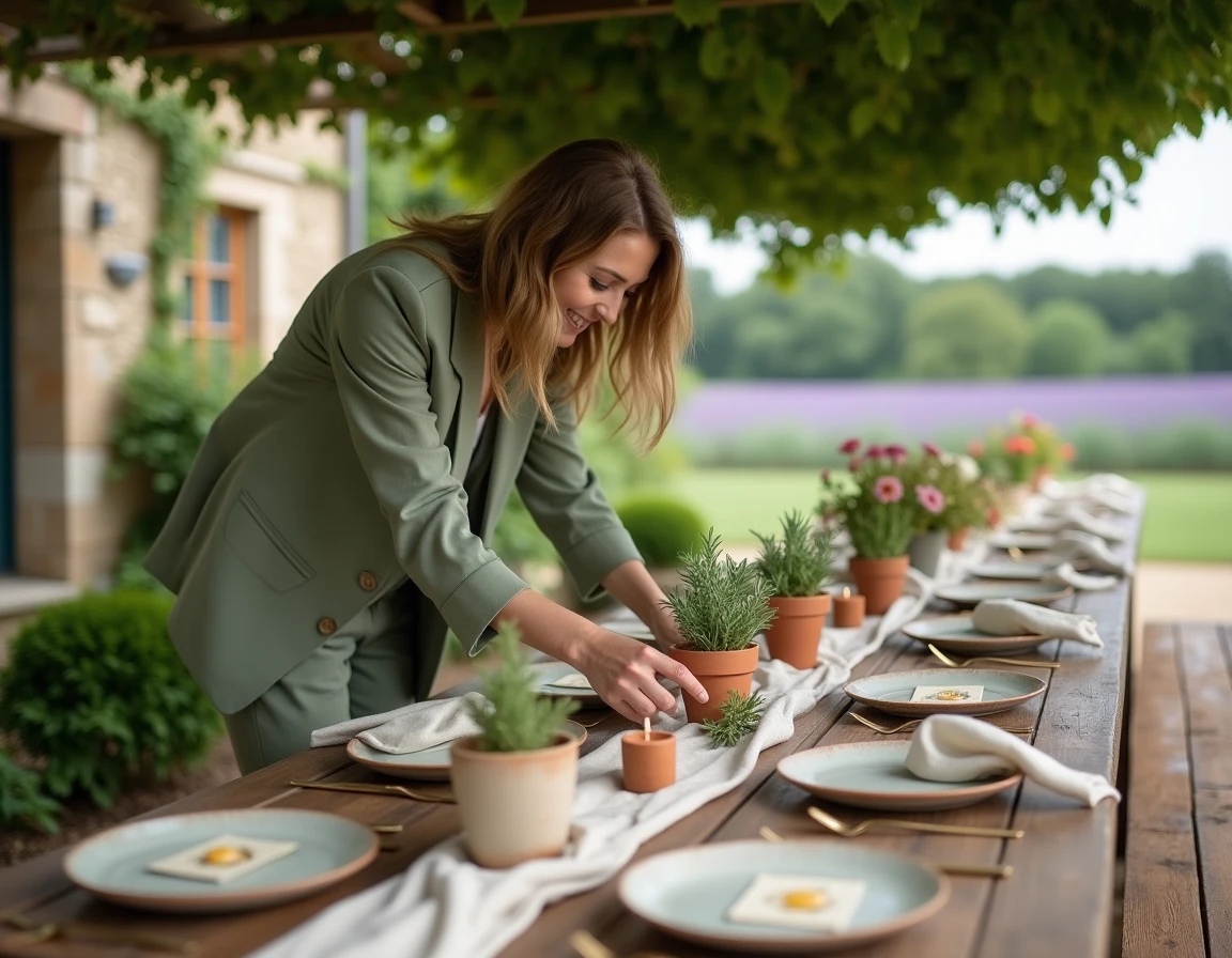 Wedding planner arrangeant une table de réception de mariage durable avec des éléments naturels et des matériaux réutilisables dans un domaine en pierre