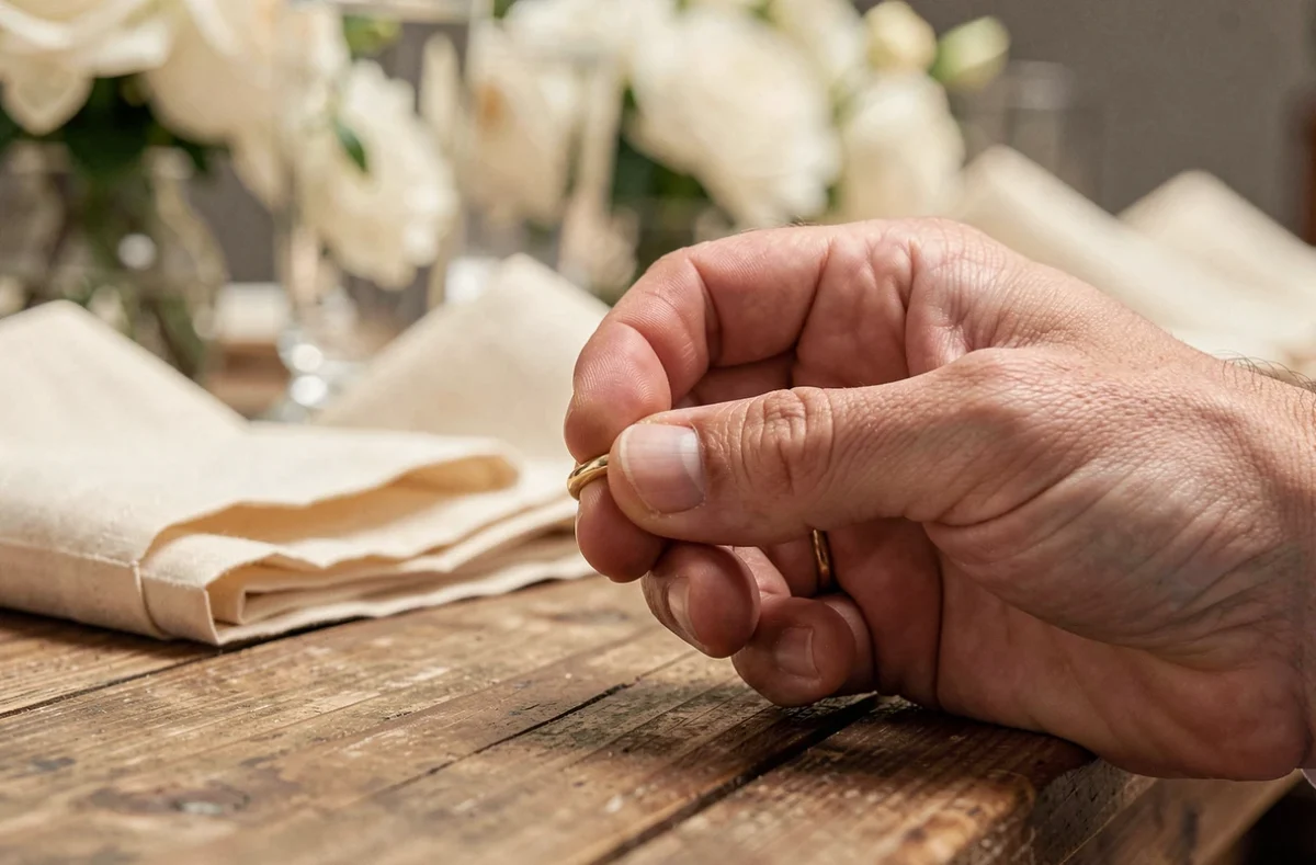 Gros plan sur une alliance dorée tenue dans les mains d'un homme, symbolisant le mariage et la vie sentimentale dans un décor de réception élégant