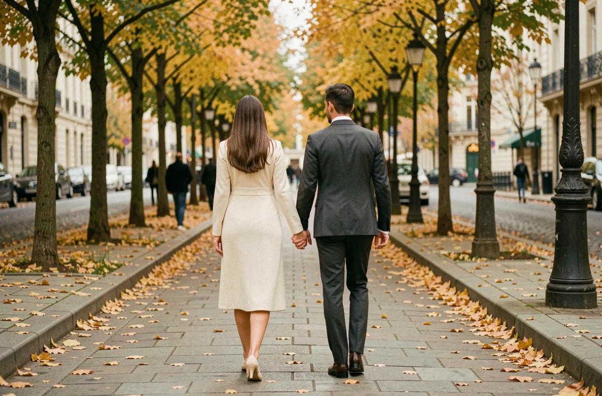 Couple élégant marchant main dans la main sur un boulevard français en automne, illustrant la vie amoureuse et les rumeurs de mariage