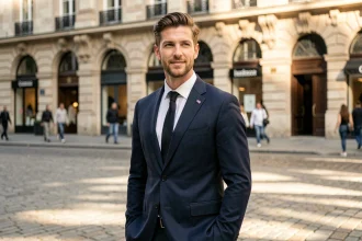 Portrait élégant d'un homme en costume marine devant une façade parisienne, évoquant l'univers du mariage et de la vie amoureuse médiatique